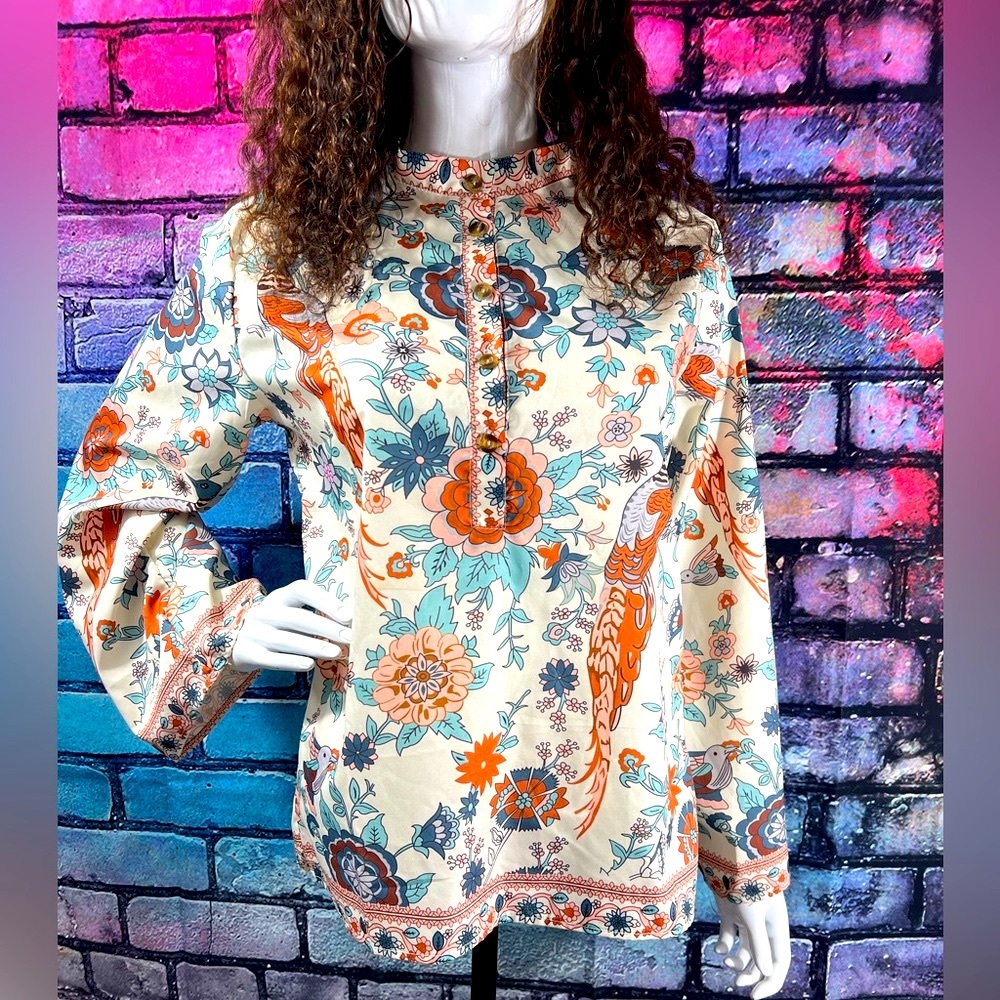 New Peacock Floral Print Long Sleeve Shirts - Picture 6 of 14